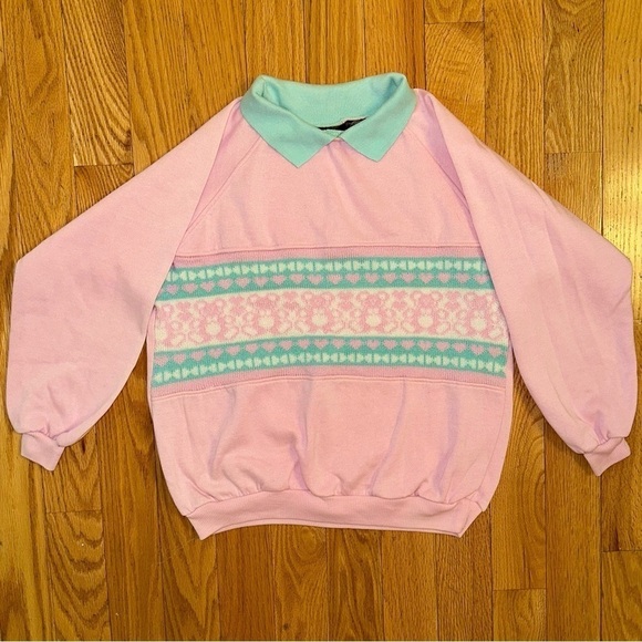 Vintage Gitano Collared Sweatshirt Teddy Bear Hearts Nordic Print M pink 80s - Picture 4 of 7